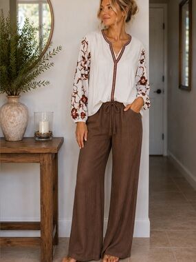 Calypso St. Barth White Peasant Tunic with Rust Embroidery
